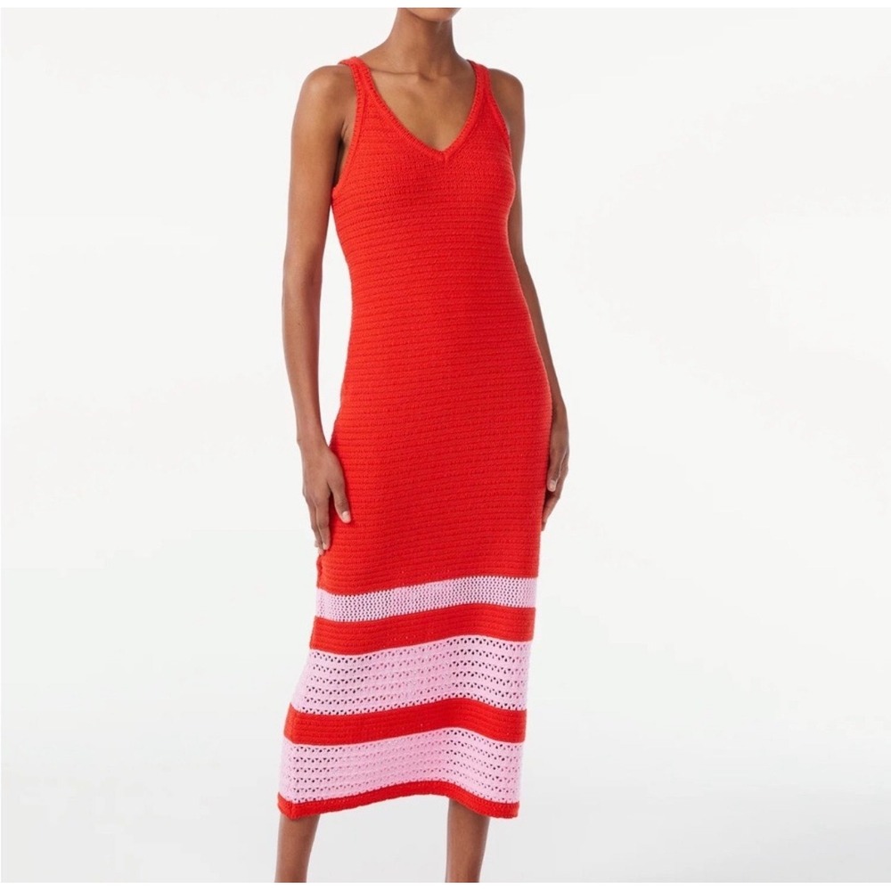 Scoop Womens Red Pink Crochet Striped Maxi Dress Size XL Sleeveless Lined NWT